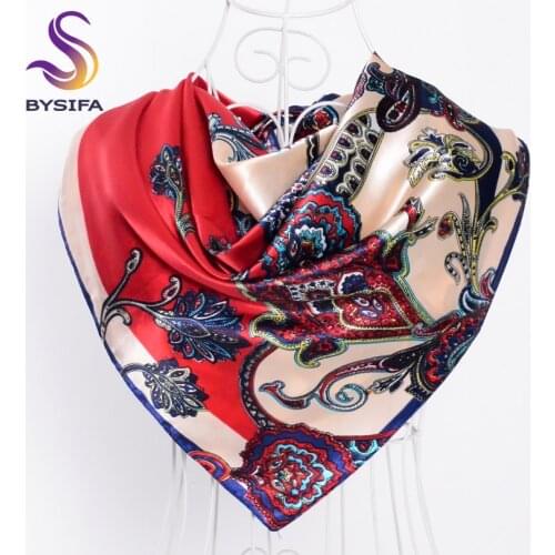 [BYSIFA] Winter Red Silk Scarf 2017 New Women Accessories Large Square Scarves Wraps Fashion Gift Women Neck Scarf Headscarves