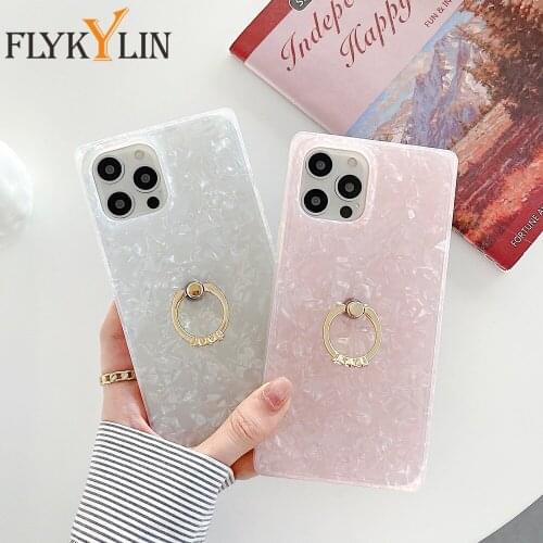 Phone Case For iPhone 11 12 Pro Max X XR XS Max 7 8 Plus Square Dream Shell Pattern Soft Silicone Cover With Ring Holder Stand