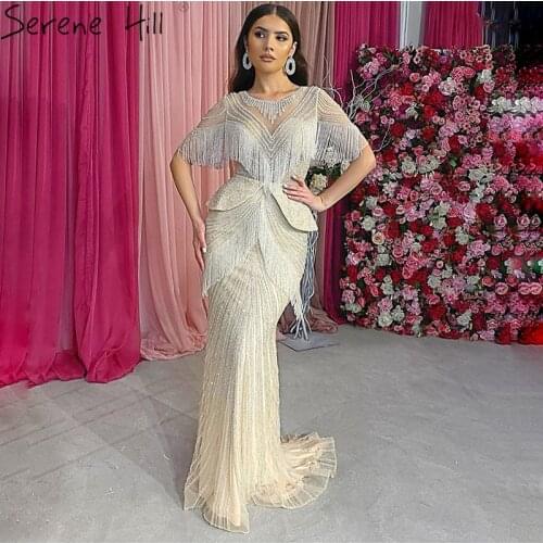 Dubai Beige Tassel Beading Mermaid Evening Dresses Design 2020 Half Sleeves Luxury Sexy Formal Dress Serene Hill LA70342