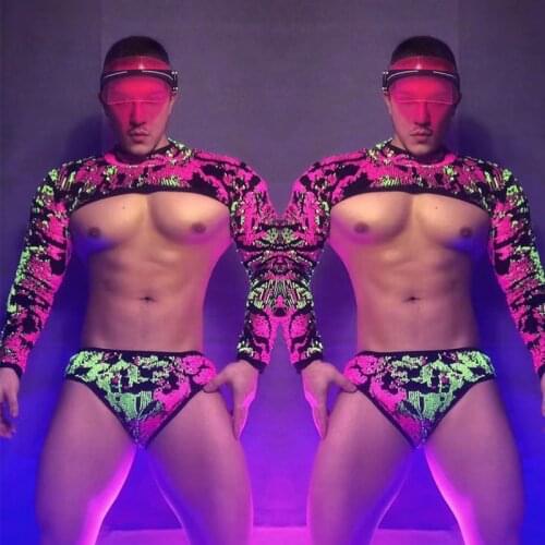 Men Gogo Costume Suit Rave Outfit Nightclub Party Fluorescence Sequins Sexy Pole Dance Performance Stage Clothing Set VDB3867