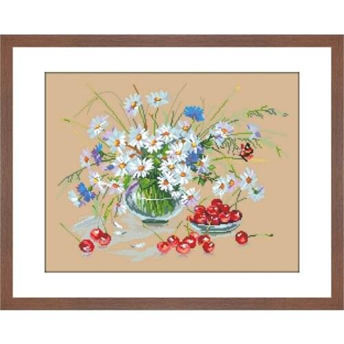 Daisies and cherries cross stitch sets aida fabric 18ct 14ct 11ct flaxen linen cotton thread embroidery kits DIY Folk Crafts