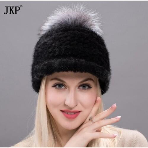Real Natural Mink Fur Hat Style Winter Knitting Animals With Pompon Cute Cap Patchwork Color Fresh Woman BZ17-01