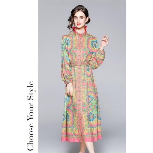 New 2021 early autumn A-line skirt niche print lantern sleeve strap loose stand collar holiday dress