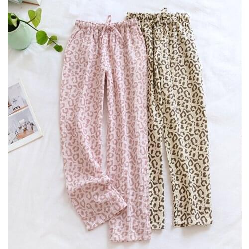 Japanese leopard print cotton pajamas women summer thin double layer gauze casual home trousers spring and autumn sleep bottoms