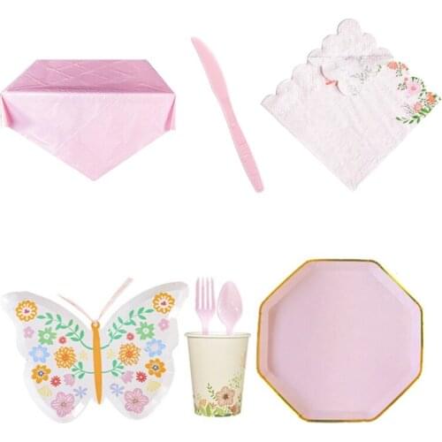 Disposable Tableware Butterfly Shape Plates Forks Spoons Cups Napkins Knives Tablecloth Birthday Party Decorations Supplies
