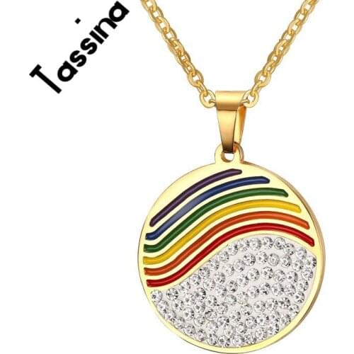 Tassina 316L Stainless Steel Crystal Rainbow Pendant Necklace Lesbian Round LGBT Pendant Gay Pride Jewelry JSF-N039