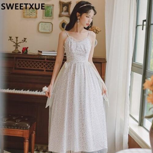 SWEETXUE Womens Summer 2021 Vintage Elegant Sexy Floral Mesh Spaghetti Strap Holiday Bohemian Beach Party Chic Dress Vestidos