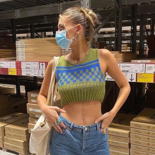 Vintage Fashion Green Y2K Plaid Sweater Vest Autumn Cropped Pullover Tops 2000s Aesthetic Knitted Sweaters Slim Basic