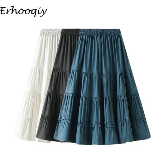 Mid-length Women Vintage Skirt Summer 2021 High Waist A-line Skirt Female Blue Black White Elegant Fashion Korean Pleated Skirt