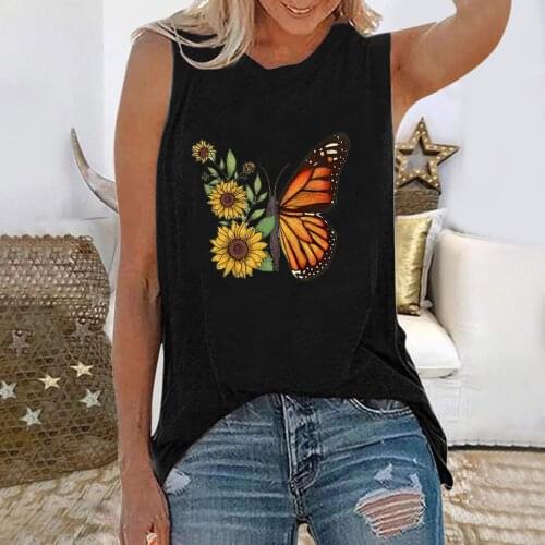 Women Fashion Casual Round Neck Short Sleeve Solid Color Butterfly Sunflower Combination Printing Daily All-match Lovely Shirt