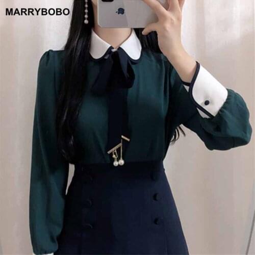 2021 Elegant Peter Pan Collar Bowtie Pearl Blouse Shirt Women White Blouses Casual Korean Long Sleeve Office Tops