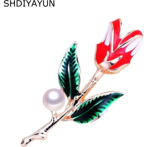 SHDIYAYUN New High Guality Pearl Brooch Tulips Flower Brooch For Women Enamel Brooch Pins Natural Freshwater Pearl Jewelry G