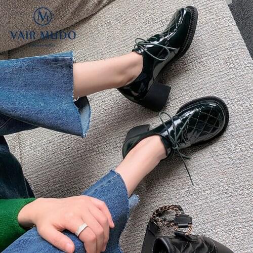 VAIR MUDO Women Pumps Shoes High Heels Patent Leather Square Heel Mary Janes Black Green Casual Solid Footwear Shoes D238L