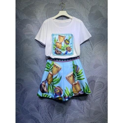 Retro Fashion Diamonds Beading Fashion Clothes Set Two Pcs Summer Cotton Printed Streetwear Lady Sweet Clothing 2 Pieces/set