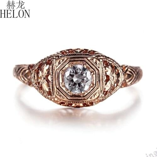 HELON Solid 14k AU585 Rose Gold Round 4mm Lab Grown Diamond Engagement Ring Women Wedding Vintage Fine Jewelry Moissanite Ring