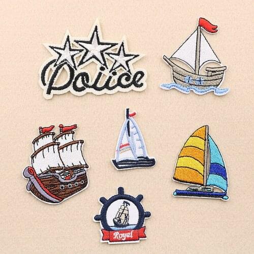 50pcs/lot Sailboat Embroidery Patches Letters Clothing Decoration Accessories Diy Iron Heat Transfer Applique Iron on Patches