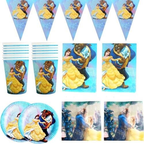 51pcs/lot Happy Birthday Party Beauty And The Beast Theme Napkins Hanging Banner Plates Tablecloth Decorate Kids Favors Cups