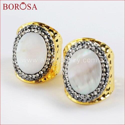 BOROSA Design 5/10PCS Oval Natural White Shell pave Rhinestone Gold Band Ring Ring Size 7.5 Shell Rings Fashion Jewelry JAB929