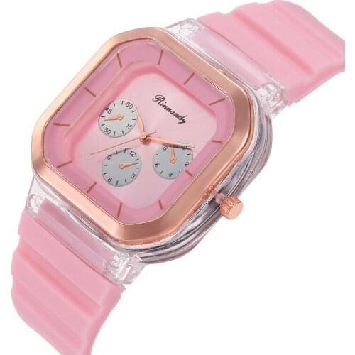 Womens Fashion Silicone Strap Watch Square Dial Three-Eye Printing Pointer Quartz Gift Student Watch
