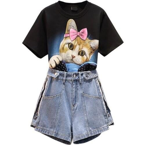 Teenage Girls Clothes Sets Cat Short Sleeve T-Shirt + Denim Shorts 2021 Summer Children Clothes Suit Girls Plus size 15-20 Years