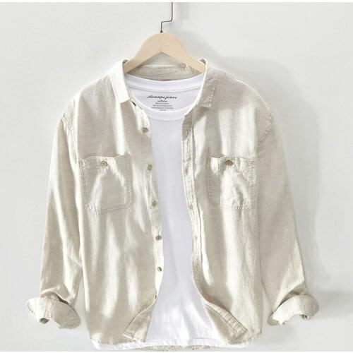 Two Prockets Cotton Linen Shirt Men Solid Long Sleeve Casual Button Down Quality Mens Dress Shirts Camisa Masculina TS-674