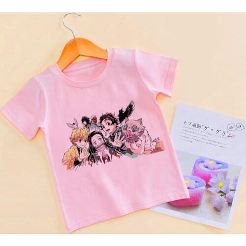Demon Killer T Shirt Summer Kids Clothes Demon Slayers Blade Boys T Shirts For Girls Fashion Cartoon Baby Pink Round Neck Tee