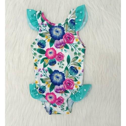 Hot sell girl swimsuit summer fashion ruffle design and match flower pattern romper for swimming girl one piece set