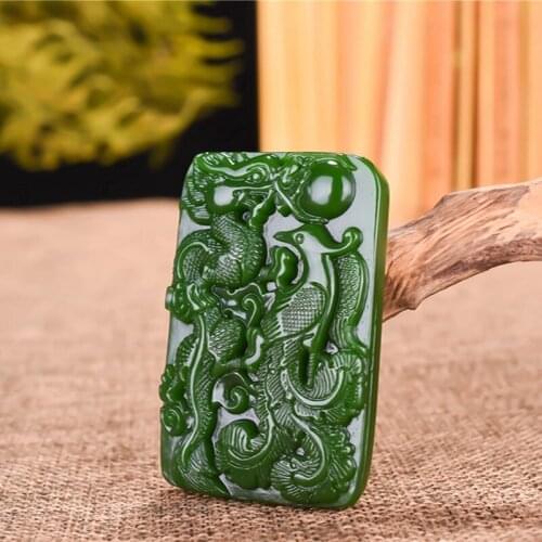 Chinese Green Jade Dragon Phoenix Pendant Necklace Jewellery Fashion Hand-Carved Man Lucky Amulet Gifts Free rope