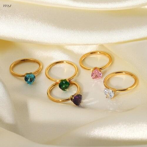 Colored big stone heart rings for women stainless steel gold dainty stackable rings minimalist elegant green purple pink blue