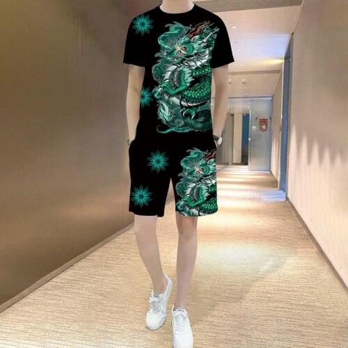 Summer new mens casual wear suit 3D green dragon short-sleeved casual slim T-shirt shorts Chinese dragon print street clothes