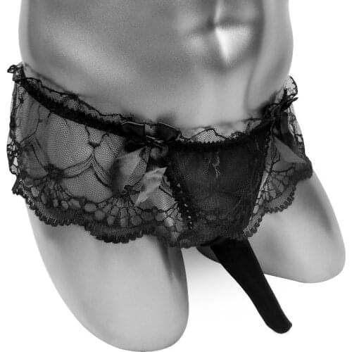 Lace Sissy Lingerie Panties Penis Sheath For Mens Funny Thong Bikini Skirted Underwear See Through Sheer Thin Male Panties