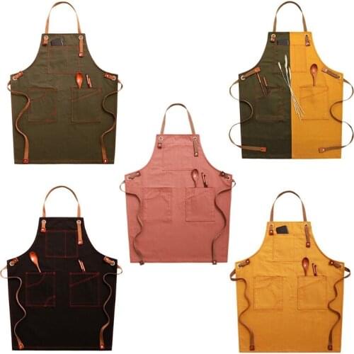 Chef Apron Cotton Canvas Cross Back Adjustable Apron with Pockets for Women and Men, Kitchen Cooking Baking Bib Apron, A