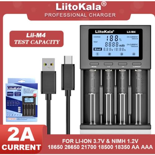 LiitoKala Lii-M4 18650 Charger, LCD Display Universal Smart Charger Test capacity for 26650 18650 21700 18500 AA AAA etc 4slot
