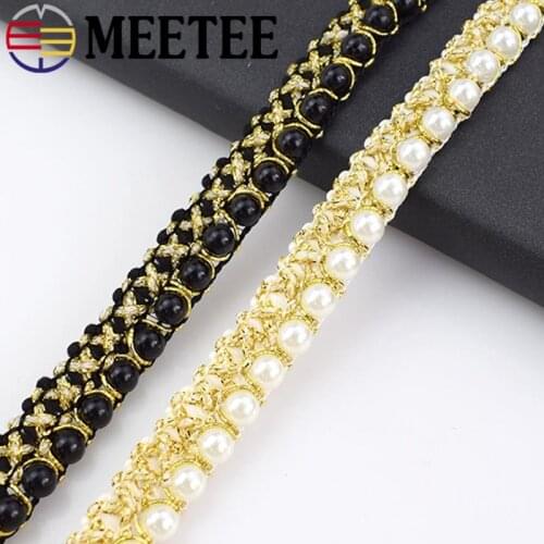 Meetee 5Yards 1.5cm Gold Silk Braided Pearl Beaded Lace Trim Ribbon Fabric DIY Collar Sewing Clothing Bag Curtain Supplies Craft