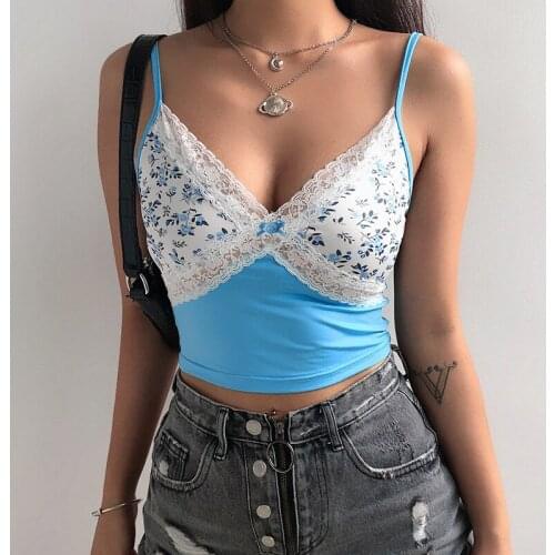 Fashion V Neck Lace Patchwork Tank Top Women Clothes 2020 Bow Backless Sexy Crop Tops Cami Strap Y2K Summer Tops Tees