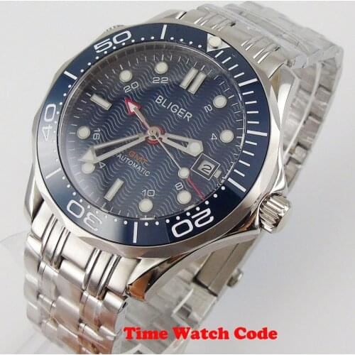 41mm GMT Function Automatic Men’s Wristwatch Blue Dial Date Display Sapphire Glass Steel Bracelet Ceramic Bezel Insert Luminous
