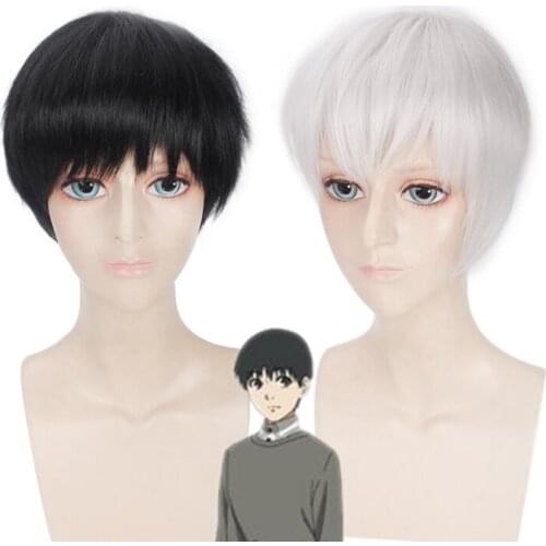 Men Cosplay Wig 30CM Anime Tokyo Ghoul Ken Kaneki White Black Short Wig Cosplay Costume Ken Kaneki Heat Resistant Synthetic Hair