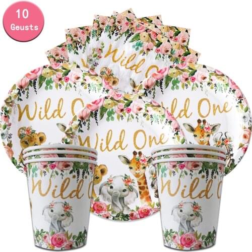 Jungle Safari Disposable Dinnerware Wild One Decoration Stamping Gold Tableware Napkins Cups Plates Pink Birthday Kids Girl