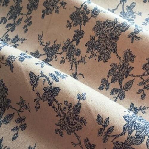 Pretty Simple Blue Flower Printed Cotton Linen Fabric Floral Linen Fabric 48x150cm