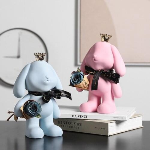 Modern Cute Resin Eyeless Crown Flower Rabbit Sculpture Coffee Table Ornaments Crafts Livingroom Desktop Furnishings Decoration
