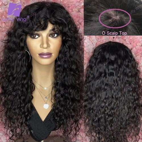 Loose Curly Human Hair Wigs With Bangs Brazilian Remy Human Hair O Scalp Top Glueless Wig For Black Women 200% Density Luffywig
