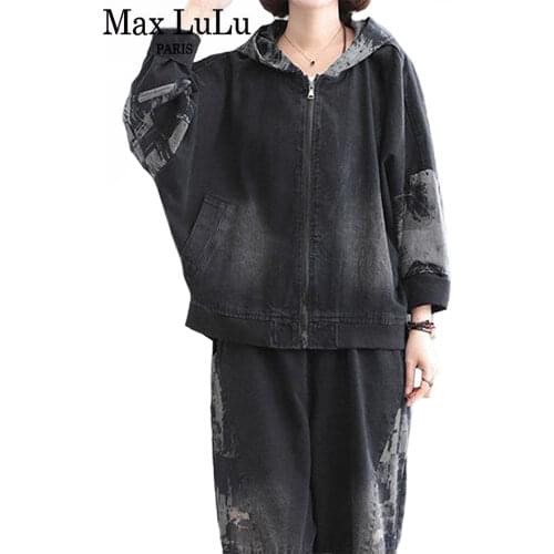 Max LuLu Korean Designer Style Womens Vintage Printed Jackets And Elastic Harem Pants Ladies Casual Oversizeed Two Pieces Sets