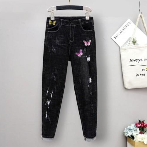 Hd1901 Women Harem Jeans High Waist Loose Autumn Winter Stretch Hole Butterfly Graphic Embroidery Scratch Fashion Denim Pants