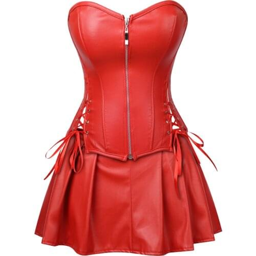 Women Gothic Faux Leather Corsets & Bustiers Sexy Dress Slimming Body Shapewear Faux Leather Corset Top with Mini Skirt