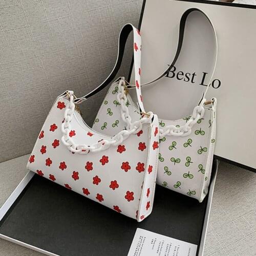 Women Simple Flower Pattern Printing Shoulder Underarm Bags Fashion PU Leather Ladies Casual Chain Small Shoulder Handbags