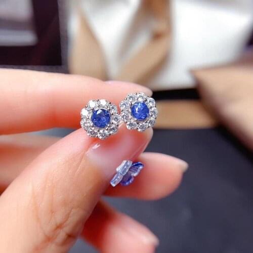 Fashion lovely Sun flower Natural gemstone earrings stud earrings 925 silver natural blue sapphire earrings women gift jewelry