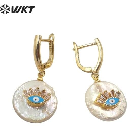 WT-E593 WKT Special Design Evil Eye Earrings Natural Pearl Earrings Evil Eye Charm Earrings Women Fashion Earrings Jewelry