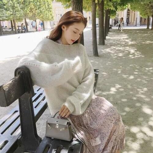 Womens Sweater Pink Mohair Knit Pullover Oversized Hollow White Fashion Lantern Sleeves Sweet Harajuku Girl Jumpers Fall 2021