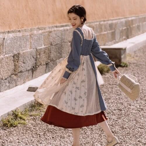 Cottage Forest Mori Girl Lace Patchwork Asymmetrical Longsleeve Cotton Linen Vintage Lolita Clothes Princess Women Elegant Dress