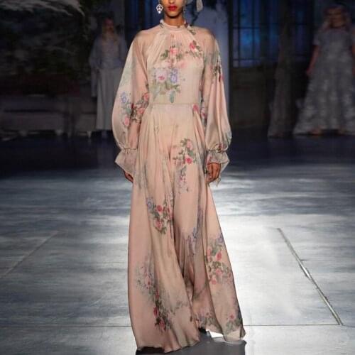 Womens Retro Dress 2021 New Fashion Temperament Elegant Printed Big Sleeve Long Sleeve Ankle Long Dress